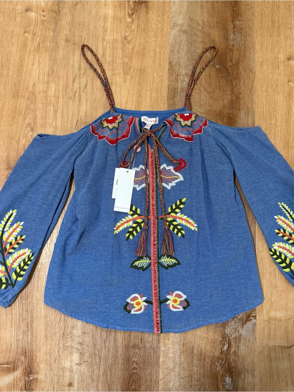Cold-Shoulder Embroidered Blue Women's Top with Tassel Tie